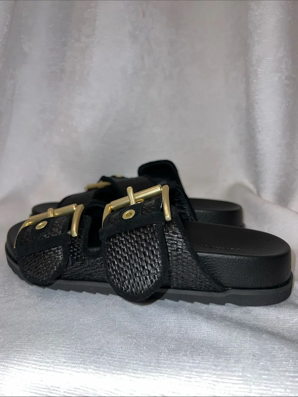 AllSaints Black Woven Double-Strap Slides with Metallic Buckles SB9